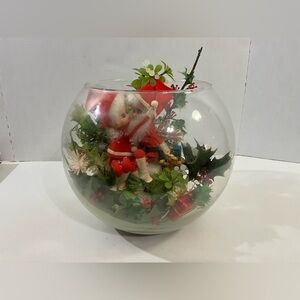 Vintage Handmade Christmas Decoration in Bowl Greenery, Elves, Presents